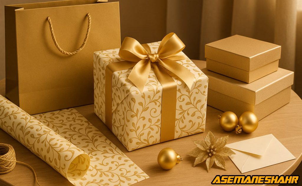 ست بسته بندی هدیه لوکس طلایی با جعبه های براق، کاغذ کادو طرح برگ طلایی و روبان ساتن، مناسب جشن ها از آسمان شهر.