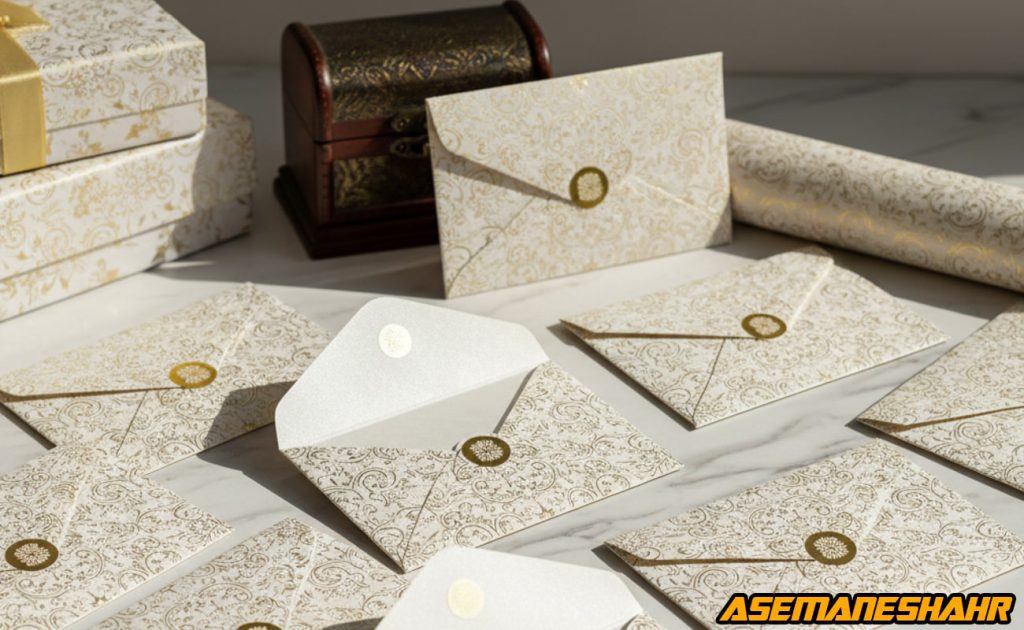 پاکت پول لوکس با طرح برجسته طلایی و نقش های کلاسیک، همراه جعبه کادویی و رول کاغذ کادو، محصول خاص و شیک آسمان شهر برای هدیه.