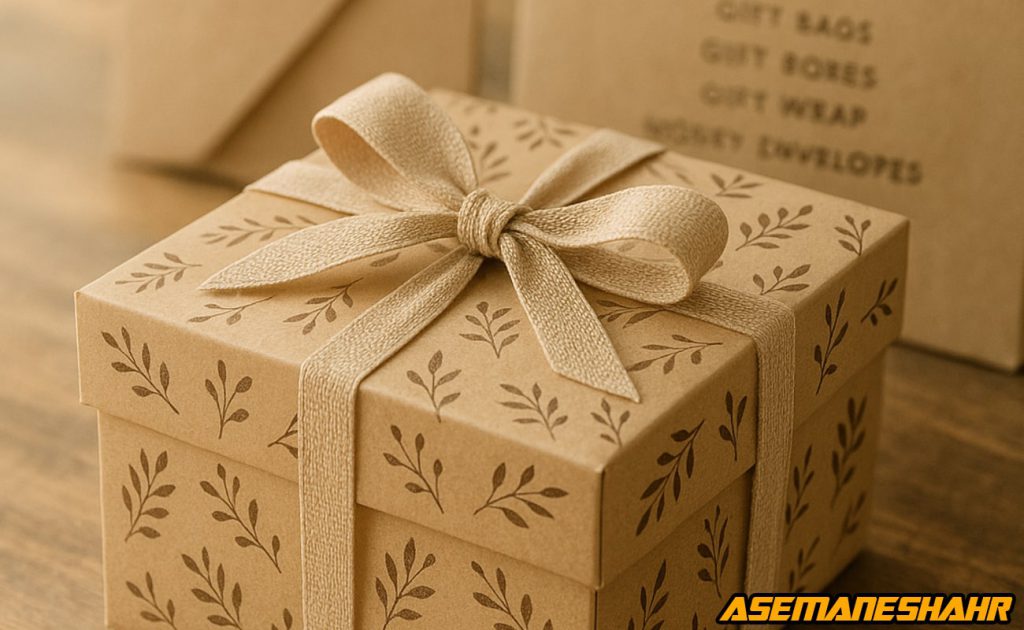 جعبه هدیه خاص با طراحی اختصاصی و ارگانیک مناسب خرید اینترنتی از فروشگاه آسمان شهر.