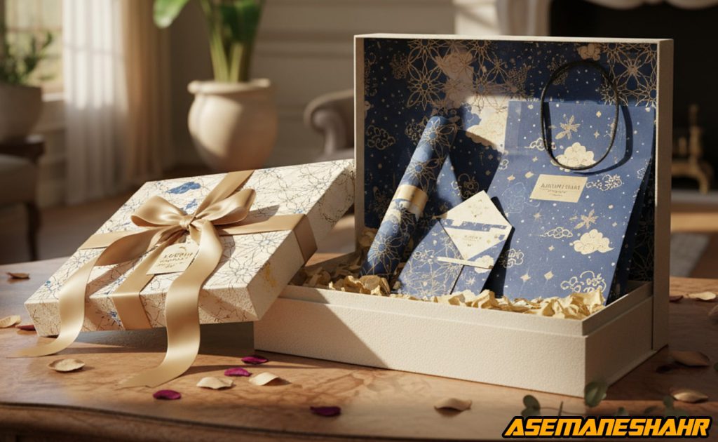 ست جعبه هدیه جذاب آسمان شهر با طرح ستاره ای آبی و طلایی، شامل ساک دستی، پاکت هدیه و روبان ساتن طلایی، مناسب بسته بندی.