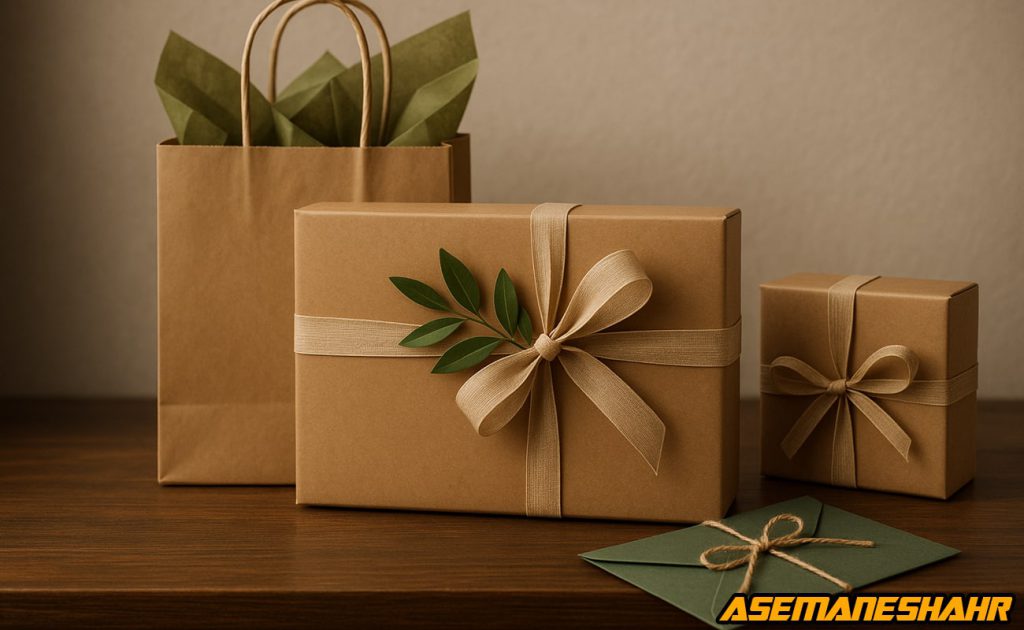 ست جعبه کادویی لوکس کرافت آسمان شهر با روبان کرم و برگ سبز طبیعی، همراه ساک دستی و پاکت هدیه سبز، بسته بندی مینیمال و شیک.