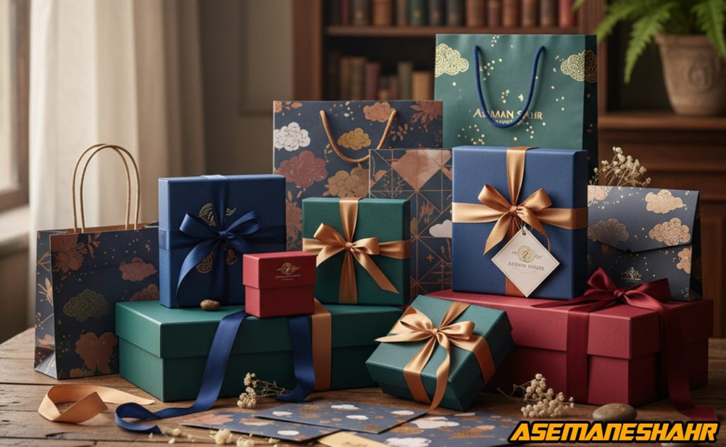 ست جعبه کادویی لوکس با روکش مخملی آبی، سبز و قرمز و روبانهای ساتن طلایی و سرمهای، طراحی اختصاصی آسمان شهر.