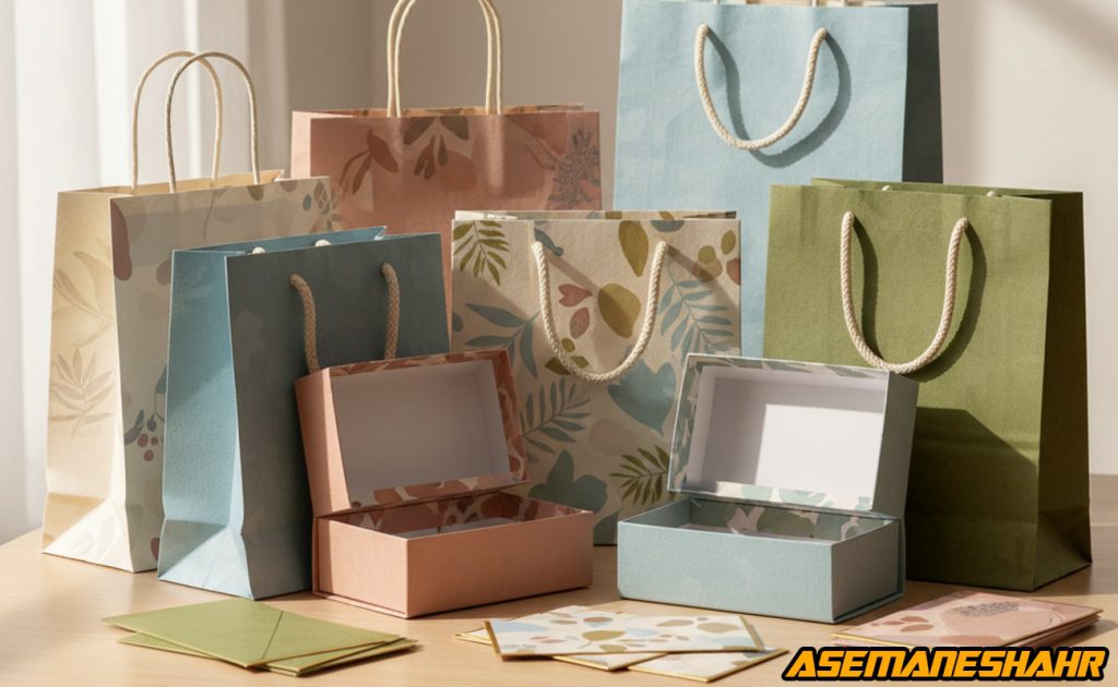 ساک دستی کاغذی شیک و جعبه کادویی آسمان شهر با طرح های گیاهی ملایم در رنگهای بهاری، دسته طنابی و بسته بندی لوکس.