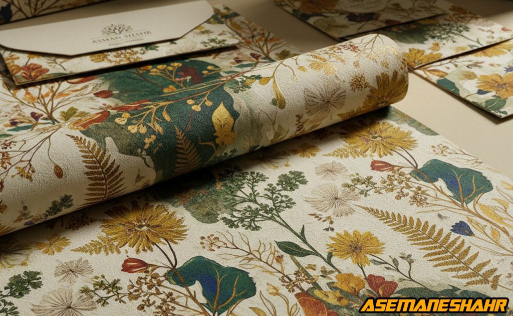 کاغذ کادو شیک با طرح گلها و برگهای طبیعت در رنگهای طلایی و سبز، محصول لوکس و هنری برند آسمان شهر برای بسته بندی هدایا.