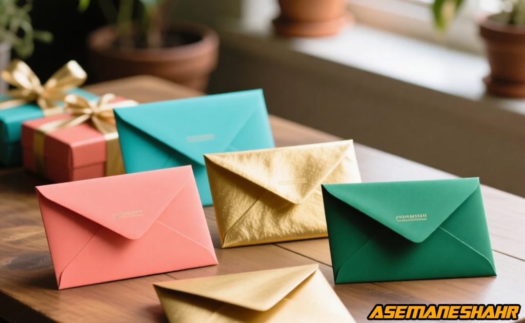 پاکت پول لوکس آسمان شهر در رنگ های مرجانی، فیروزه ای، طلایی و سبز زمردی روی میز چوبی با نور گرم طبیعی و جعبه های کادو.