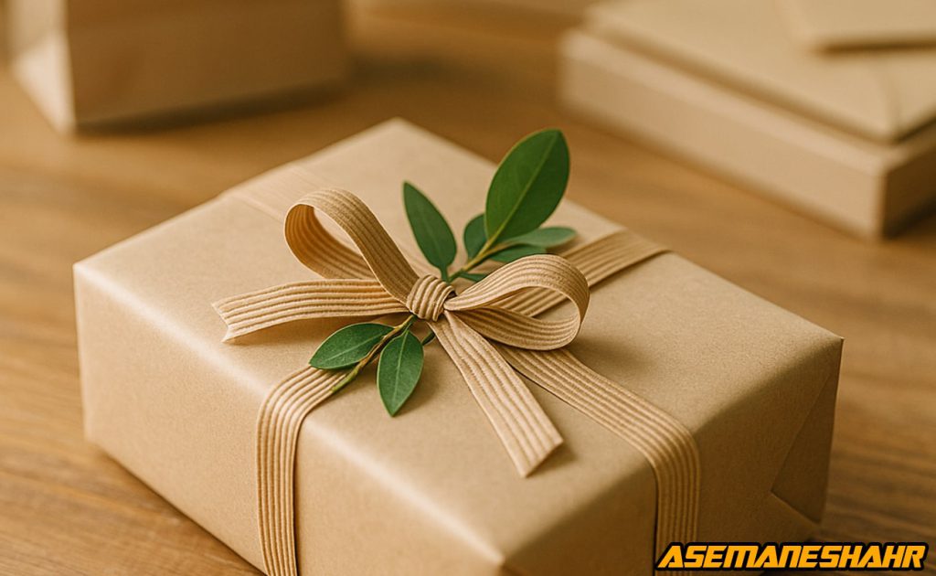 بسته بندی هدیه با کاغذ کادو طبیعی و ارگانیک، جایگزین پایدار و جذاب پلاستیک برای حفظ محیط زیست و تجربه خرید سبز.