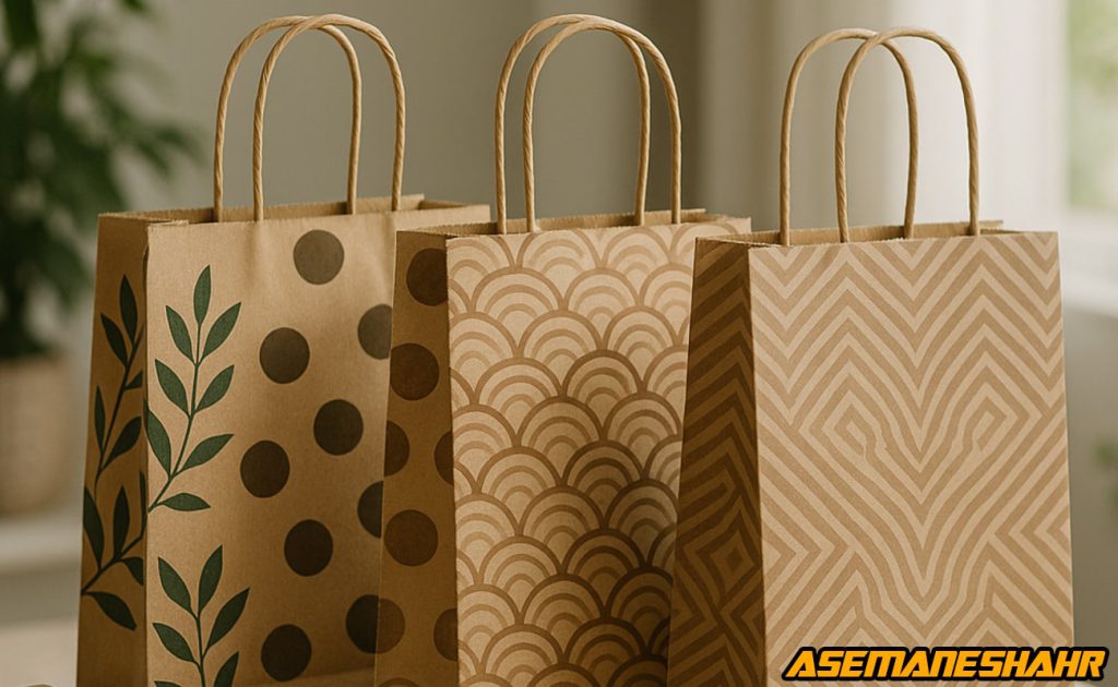 سه پاکت هدیه با طراحی اختصاصی و طرح های گرافیکی شیک شامل برگ سبز، دایره و موج هندسی؛ انتخاب زیبا و سازگار با محیط زیست.