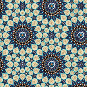 کاغذ کادوی سنتی با طرح هندسی اسلیمی آبی و کرم | خاص و هنری.