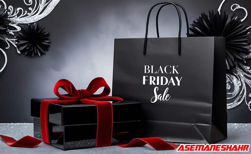 تصویری از ساک خرید مشکی با متن ‘Black Friday Sale’ و جعبه کادویی شیک با روبان قرمز، مناسب برای تبلیغات فروش ویژه جمعه سیاه.
