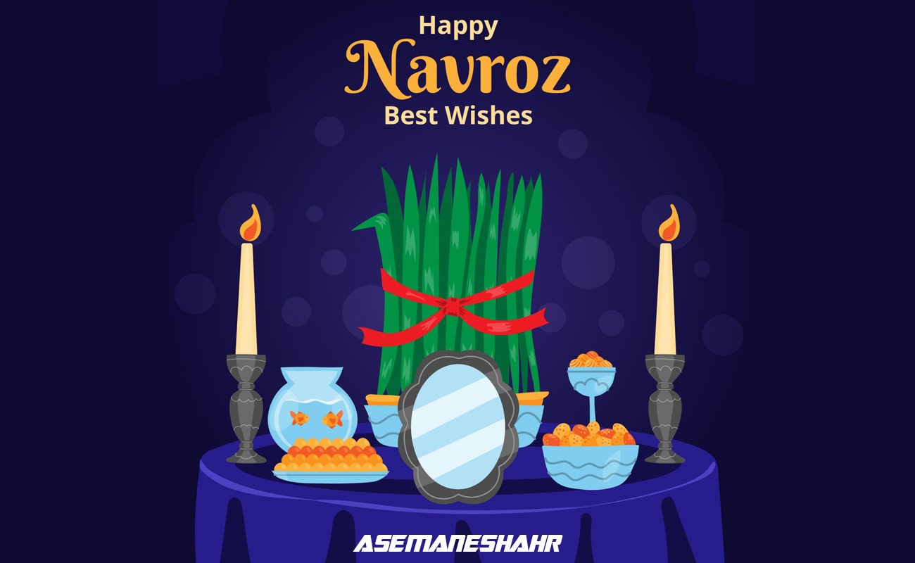 تبریک نوروز با سفره هفت سین، شامل سبزه، شمع، آینه و ماهی، با متن ‘Happy Navroz Best Wishes’.