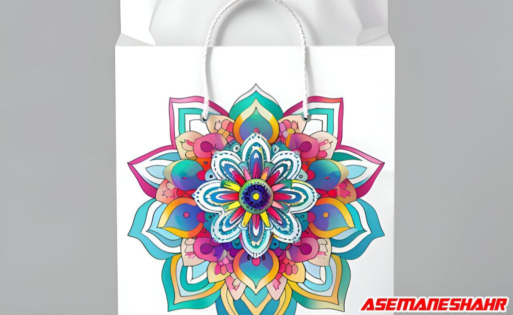 ساک دستی سفید با طرح ماندالا رنگارنگ | مناسب بسته بندی هدایا با طراحی هنری.