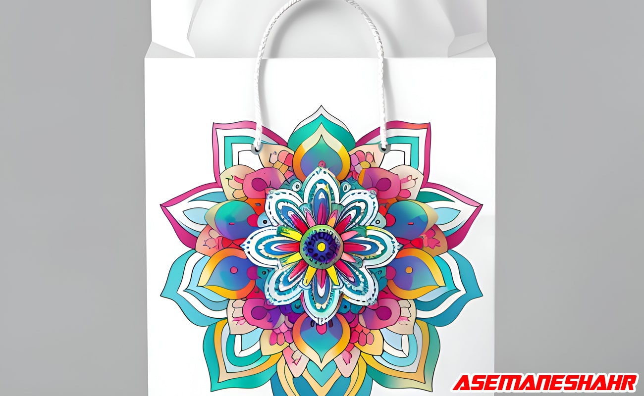 ساک دستی سفید با طرح ماندالا رنگارنگ | مناسب بسته بندی هدایا با طراحی هنری.