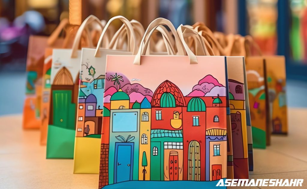 کیسه کاغذی با طرح رنگارنگ خانه‌ ها؛ مناسب هدایا هنری و خاص.