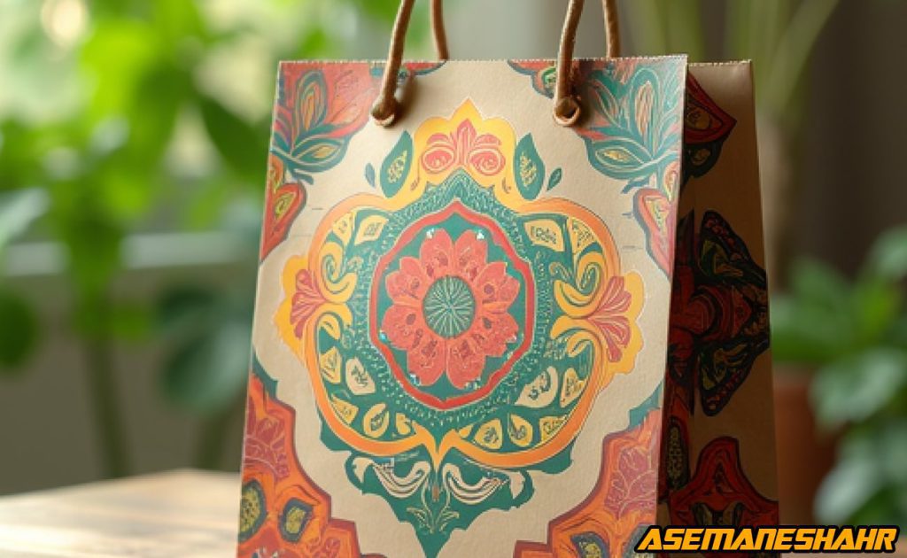 ساک دستی کاغذی با طرح سنتی رنگی و دسته کنفی | مناسب بسته‌ بندی کادو با ظاهری هنری و ایرانی.
