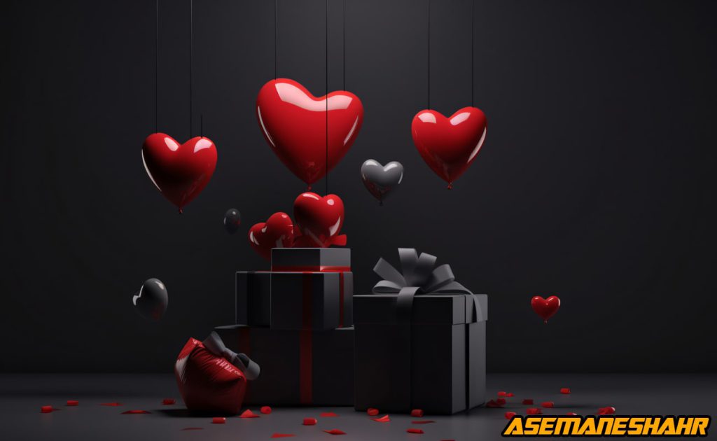 جعبه‌ کادویی مشکی با روبان طوسی در کنار بادکنک‌ های قلبی قرمز، دکور عاشقانه و مدرن برای بسته‌ بندی خلاقانه هدایا.