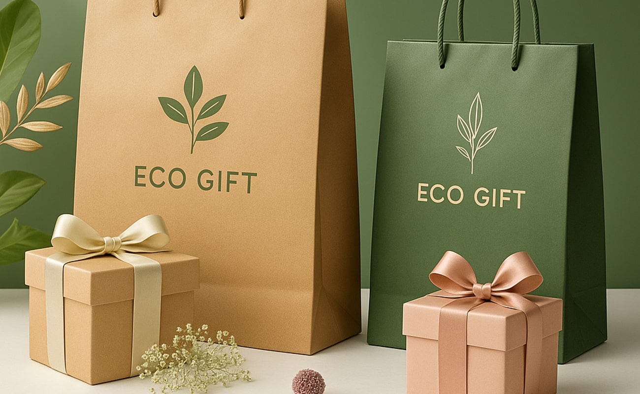 بگ کاغذی ECO GIFT با طراحی سبز و کرافت طبیعی همراه با جعبه های هدیه شیک | انتخابی سازگار با محیط زیست برای بسته بندی هدایا.