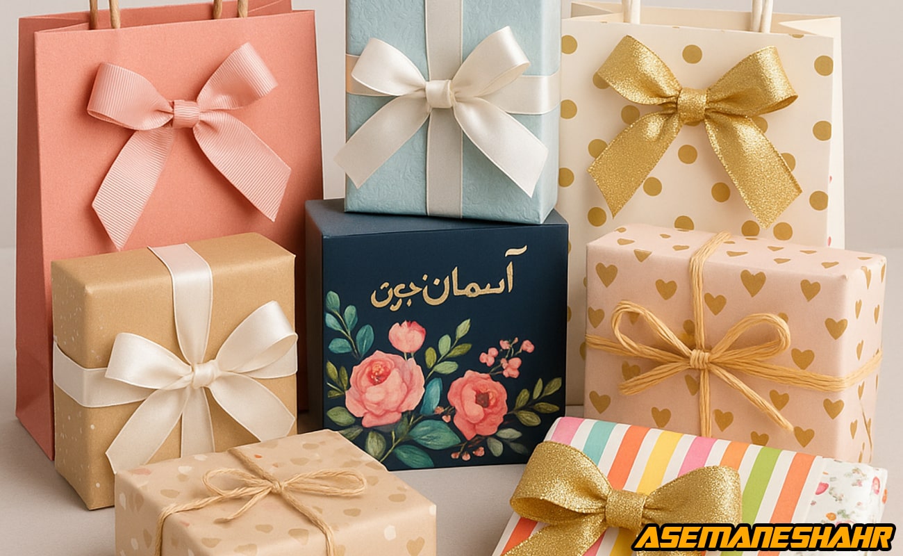 چندین جعبه و ساک دستی کادویی با طراحی رنگارنگ و روبان‌ های مختلف، شامل بسته‌ بندی با طرح گل و قلب | مناسب برای هدیه‌ های خاص.