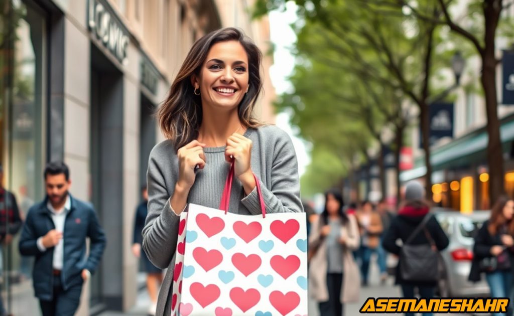 زن شاد با ساک دستی کاغذی طرح قلب قرمز و آبی در خیابان شلوغ شهر | مناسب برای ایده‌ های هدیه و خرید برای خانم‌ ها.