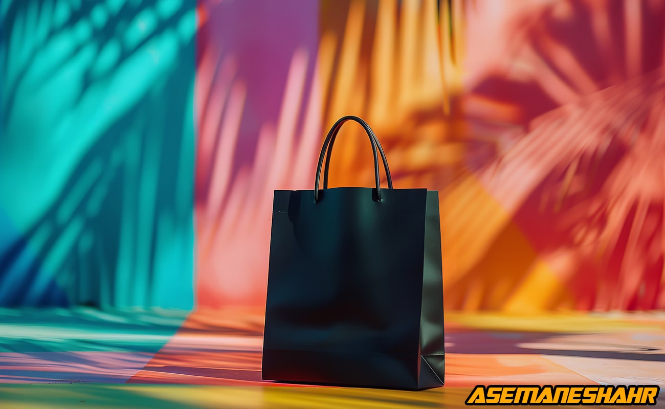 ساک دستی مشکی ساده در پس‌ زمینه ای با نور و سایه رنگارنگ و طراحی مدرن | انتخابی شیک از آسمان شهر برای بسته‌ بندی هدیه.