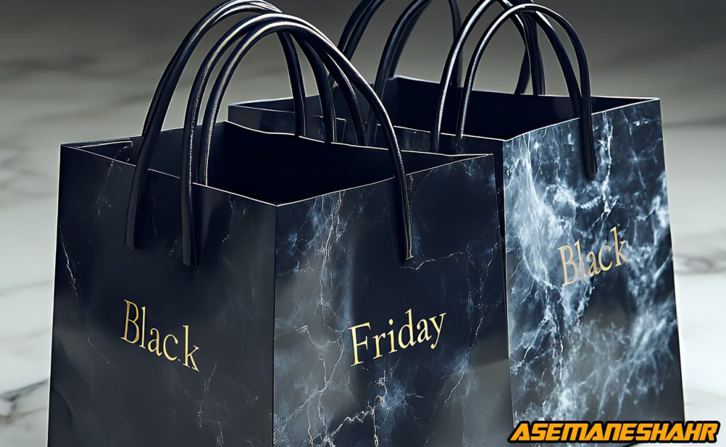 دو ساک دستی با طرح مرمری مشکی و چاپ طلایی Black Friday، بسته‌ بندی لوکس فروش ویژه جمعه سیاه | انتخابی شیک برای خرید خاص.