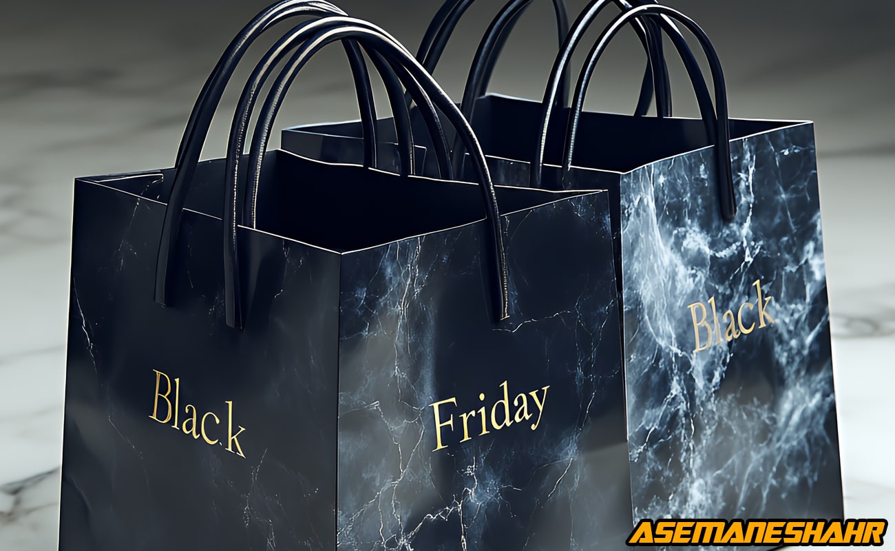 دو ساک دستی با طرح مرمری مشکی و چاپ طلایی Black Friday، بسته‌ بندی لوکس فروش ویژه جمعه سیاه | انتخابی شیک برای خرید خاص.