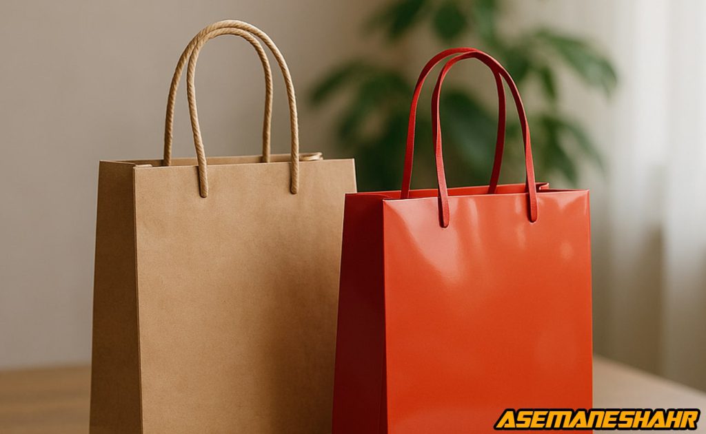 پاکت هدیه کرافت و بگ گلاسه براق قرمز با طراحی خاص آسمان شهر | انتخابی عالی برای بسته‌ بندی هدیه و خرید شیک.