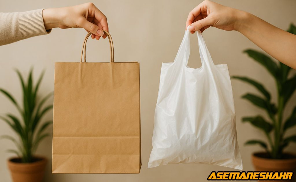 مقایسه ساک دستی کاغذی دوستدار محیط زیست و کیسه پلاستیکی سفید | انتخاب آگاهانه برای خرید، بسته‌ بندی هدیه و سبک زندگی پایدار.
