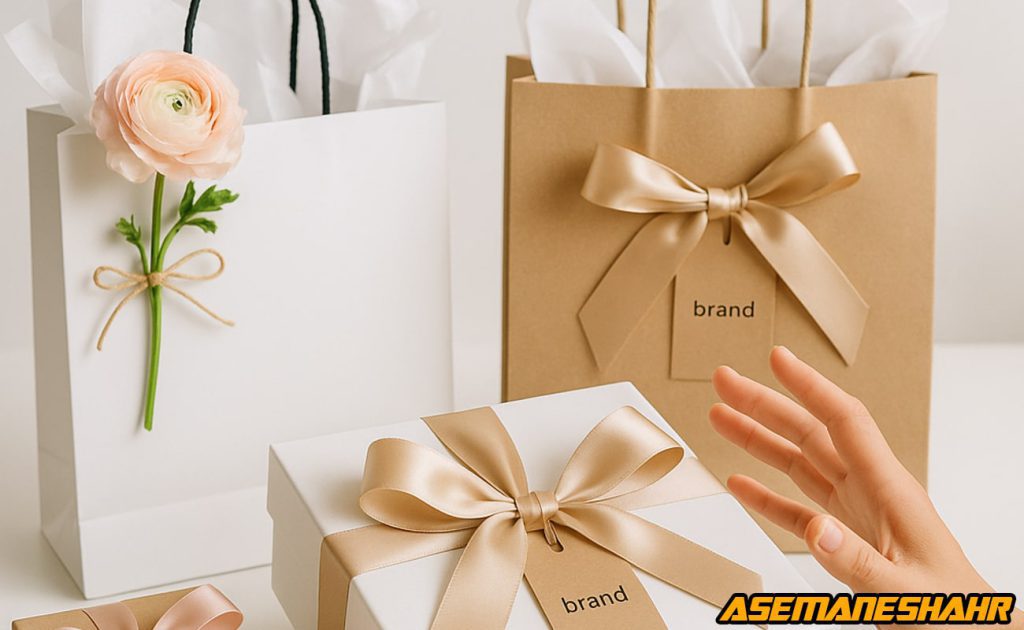 جعبه و ساک دستی هدیه با بسته‌ بندی شیک کرم و سفید، تزیین شده با روبان طلایی و گل طبیعی | نمونه‌ ای خاص از بسته‌ بندی لوکس.