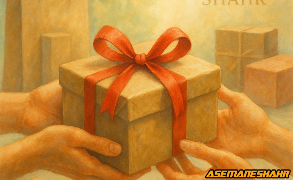 جعبه هدیه کادویی با بسته‌ بندی کرافت و روبان قرمز، در حال تبادل بین دو دست | نماد هدیه دادن و ارزشمندی محصولات برای خلق حس خوب.
