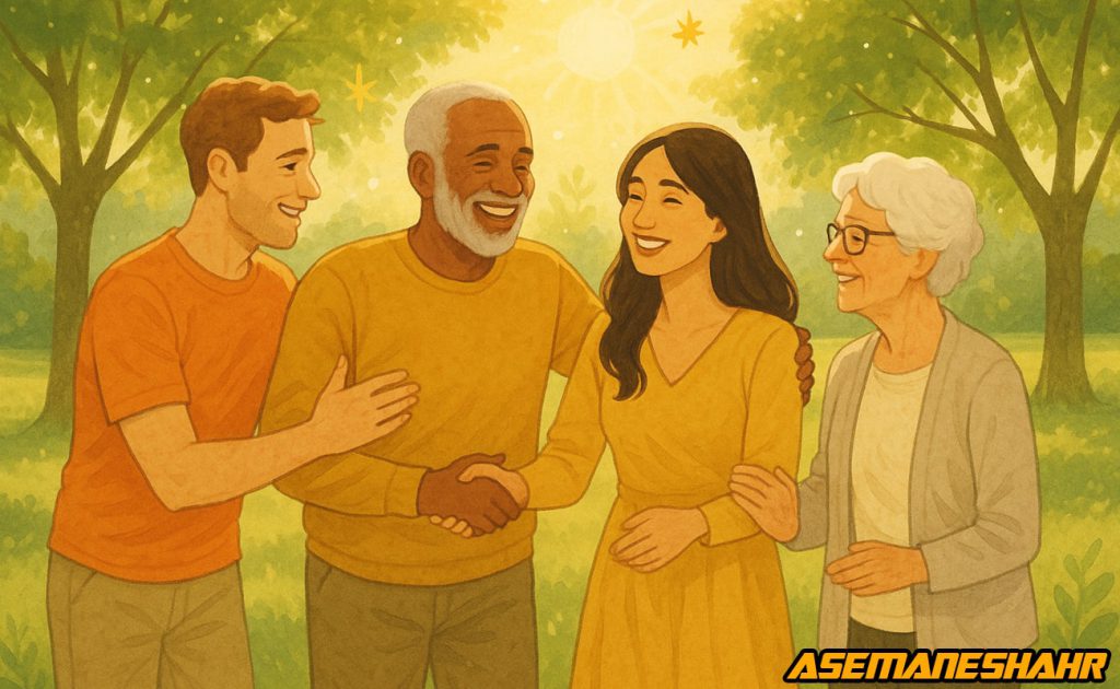 جمعی صمیمی از افراد با پوشش‌ های متنوع و رنگارنگ در فضای سبز و طبیعی | نماد همدلی، احترام نسل‌ها و ارتباط مثبت است.