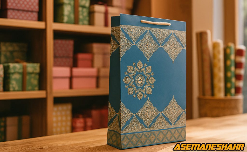 ساک دستی کاغذی آبی با طرح سنتی طلایی، الهام‌گرفته از هنر ایرانی | انتخابی خاص برای بسته‌ بندی هدیه و محصولات لوکس.