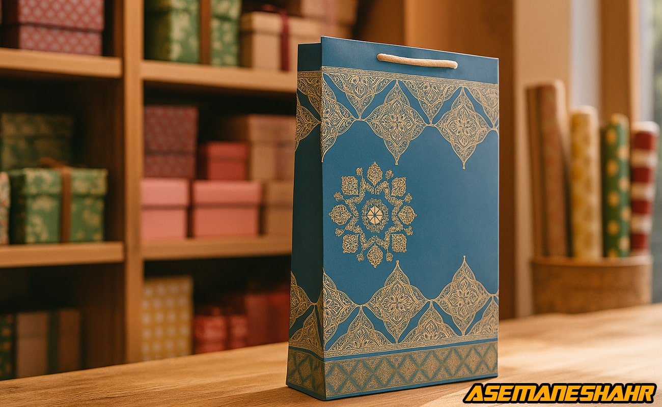 ساک دستی کاغذی آبی با طرح سنتی طلایی، الهامگرفته از هنر ایرانی | انتخابی خاص برای بسته بندی هدیه و محصولات لوکس.