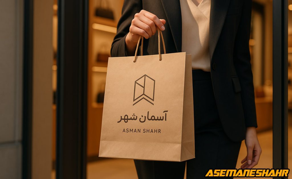 ساک دستی کرافت با طراحی اختصاصی و لوگوی آسمان شهر در دست مشتری شیک‌ پوش | انتخابی طبیعی و حرفه‌ای برای بسته‌ بندی.