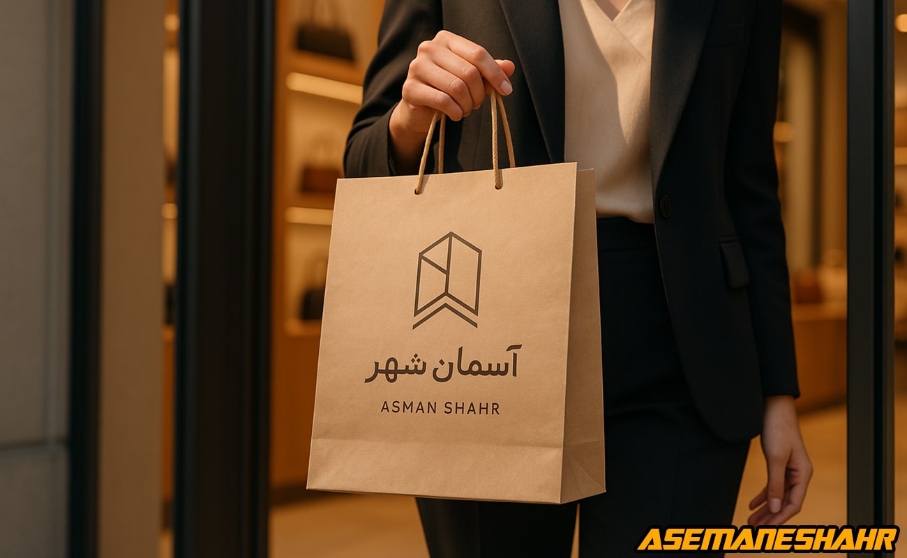 ساک دستی کرافت با طراحی اختصاصی و لوگوی آسمان شهر در دست مشتری شیک پوش | انتخابی طبیعی و حرفهای برای بسته بندی.