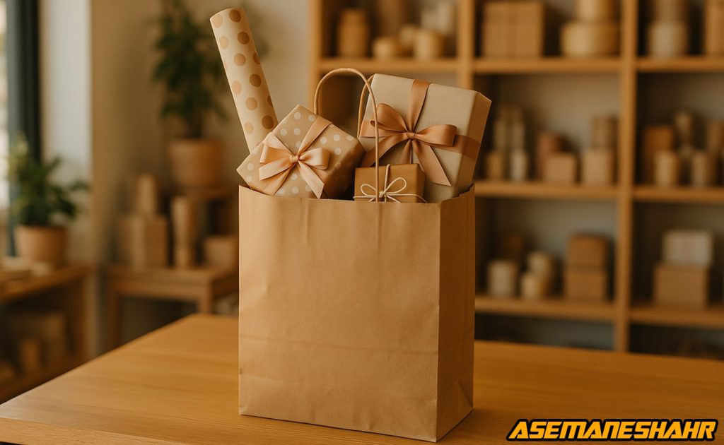 پاکت هدیه کرافت پر از جعبه کادویی و کاغذ کادو شیک، نمادی از بسته بندی هدیه باکیفیت | انتخاب ایده آل برای خرید هدیه.