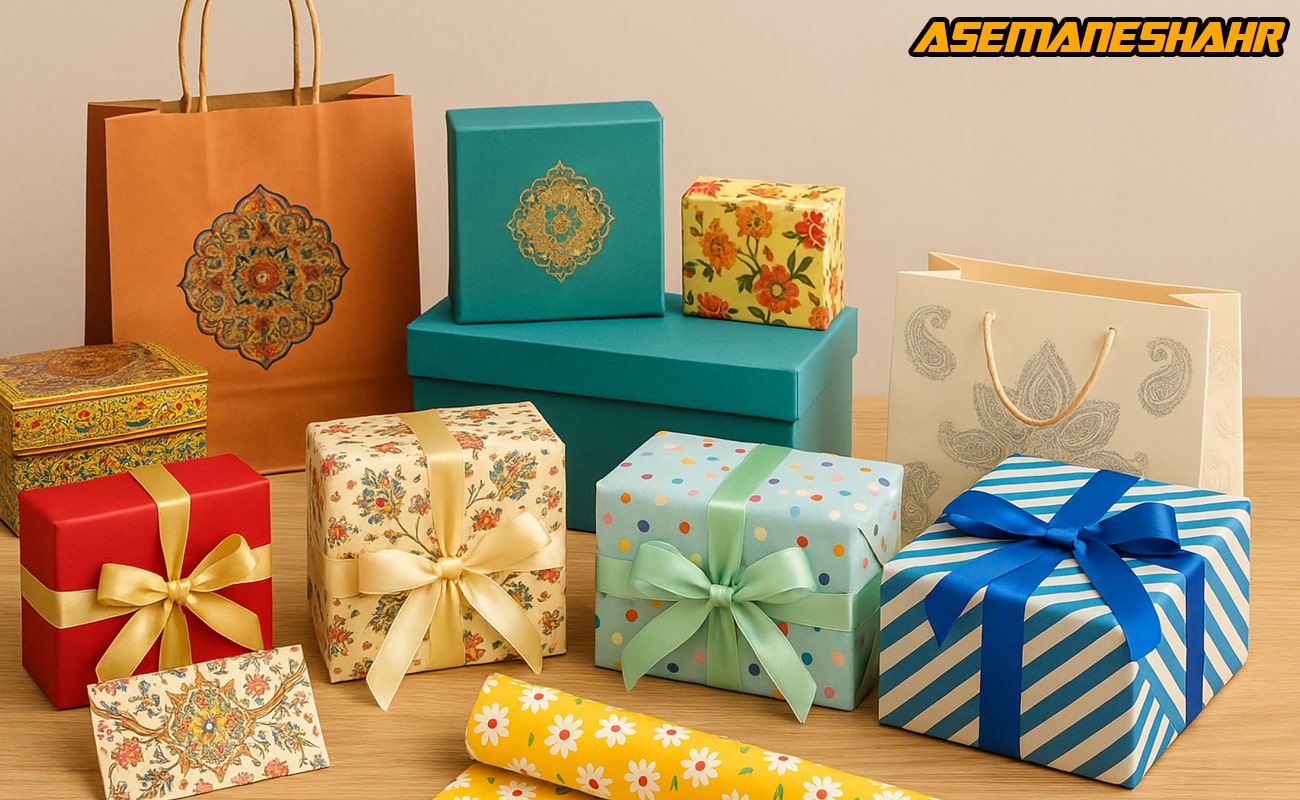 انواع جعبه کادویی و ساک دستی با طرح های متنوع کاغذ کادو ایرانی و خارجی، مناسب هدیه، تولید برند آسمان شهر.