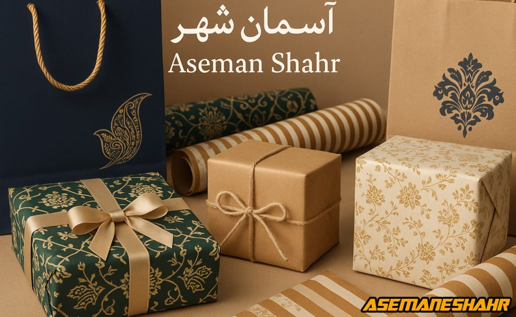 جعبه هدیه شیک با کاغذ کادو طرحدار طلایی و سبز، بگ لاکچری آسمان شهر و رول های کاغذ کادو لوکس مناسب بسته بندی هدیه.