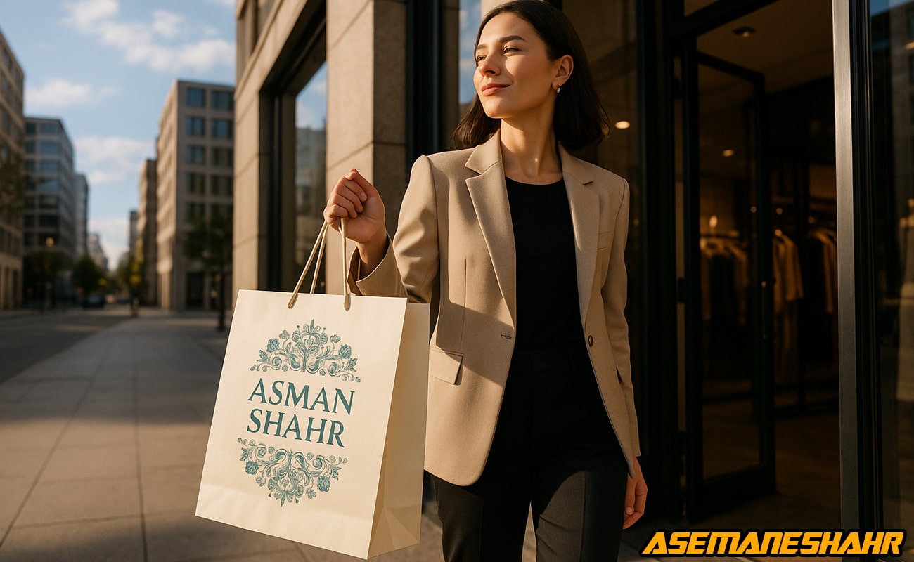 ساک دستی نمایشگاهی با طرح اختصاصی و لوگوی ASMAN SHAHR در دست بانویی شیک پوش مقابل فروشگاه مدرن | انتخابی خاص.