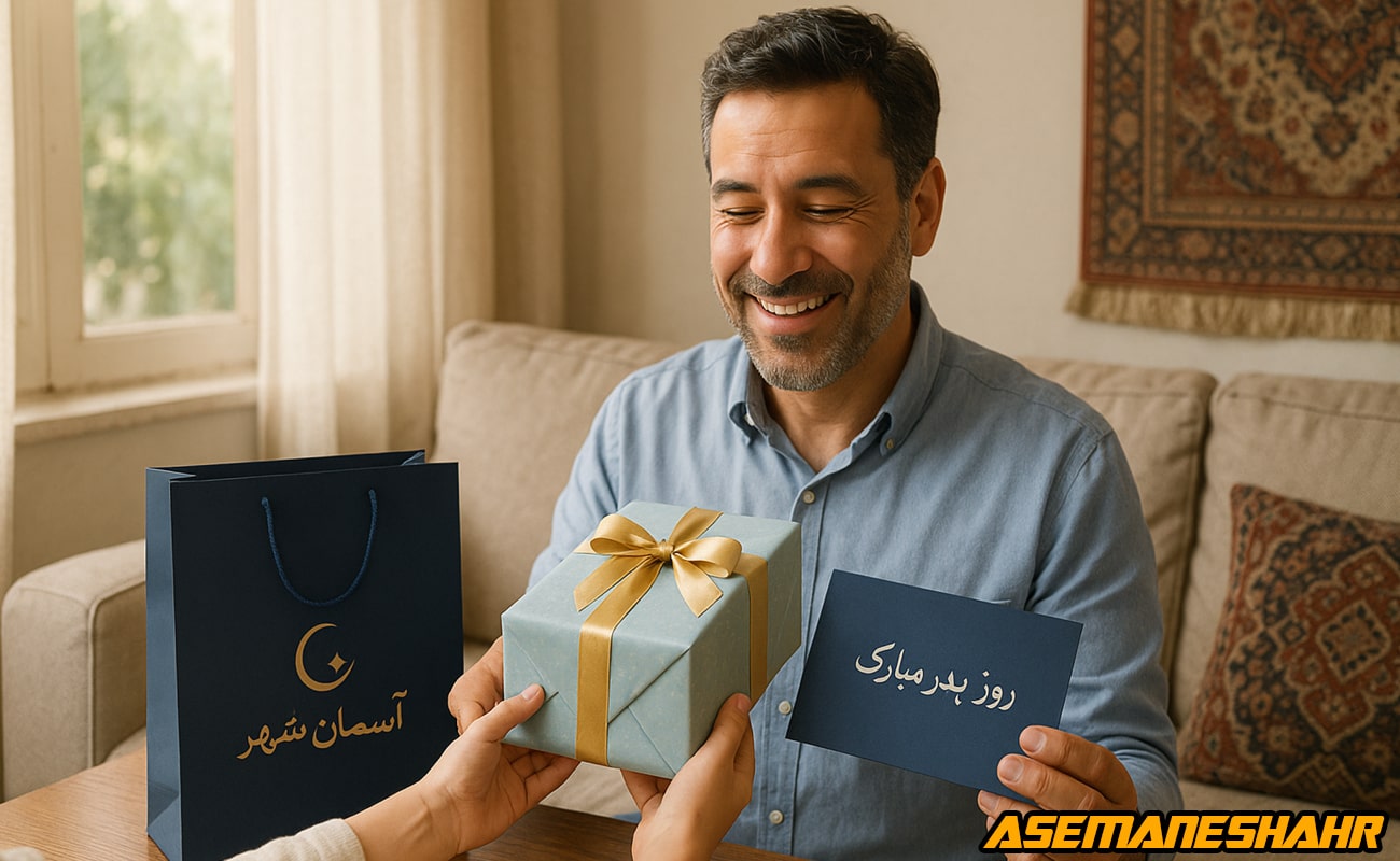 دریافت هدیه روز پدر به همراه کارت تبریک و ساک دستی شیک آسمان شهر با بسته بندی آبی طلایی در یک فضای صمیمی خانگی.