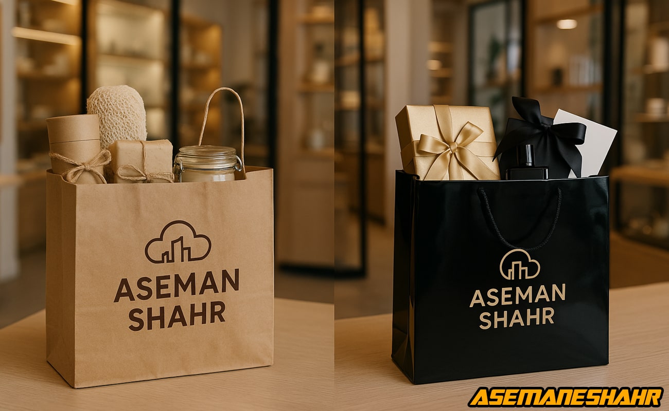 مقایسه ساک دستی کرافت با طراحی طبیعی و ساک دستی گلاسه مشکی لاکچری با لوگوی آسمان شهر |سازگار با محیط زیست.