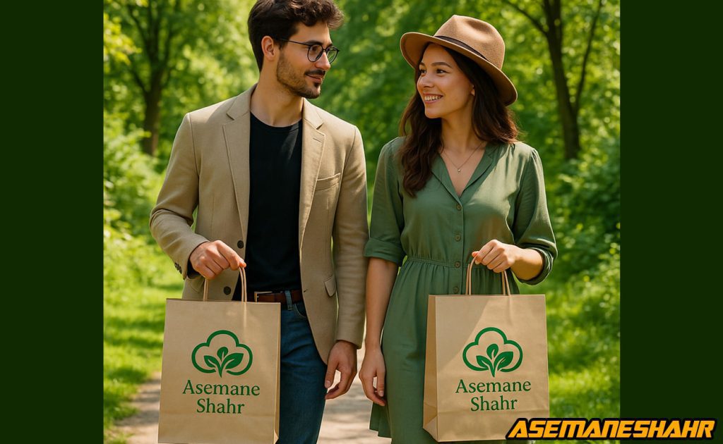 زوج جوان در فضای سبز طبیعت با بگ شاپ طرح سبز آسمان شهر | انتخابی مدرن و دوست‌دار محیط زیست برای خرید و بسته‌ بندی شیک.