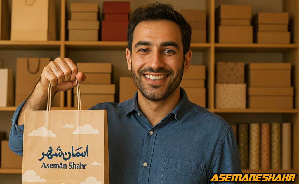 مردی با پیراهن آبی در فروشگاه، ساک دستی کاغذی با طرح ابر و لوگوی آسمان شهر را در دست دارد | نمونه‌ ای از بسته‌ بندی شیک.