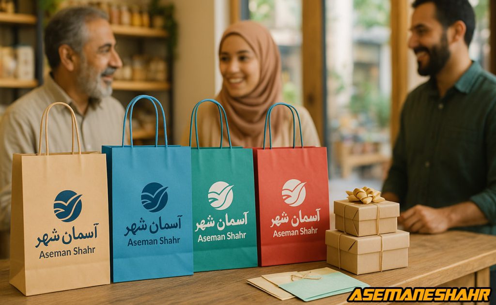 پاکت هدیه تبلیغاتی رنگی با لوگو و نام آسمان شهر روی میز فروشگاه، در کنار جعبه های کادویی | انتخابی حرفهای برای هدایای لوکس.