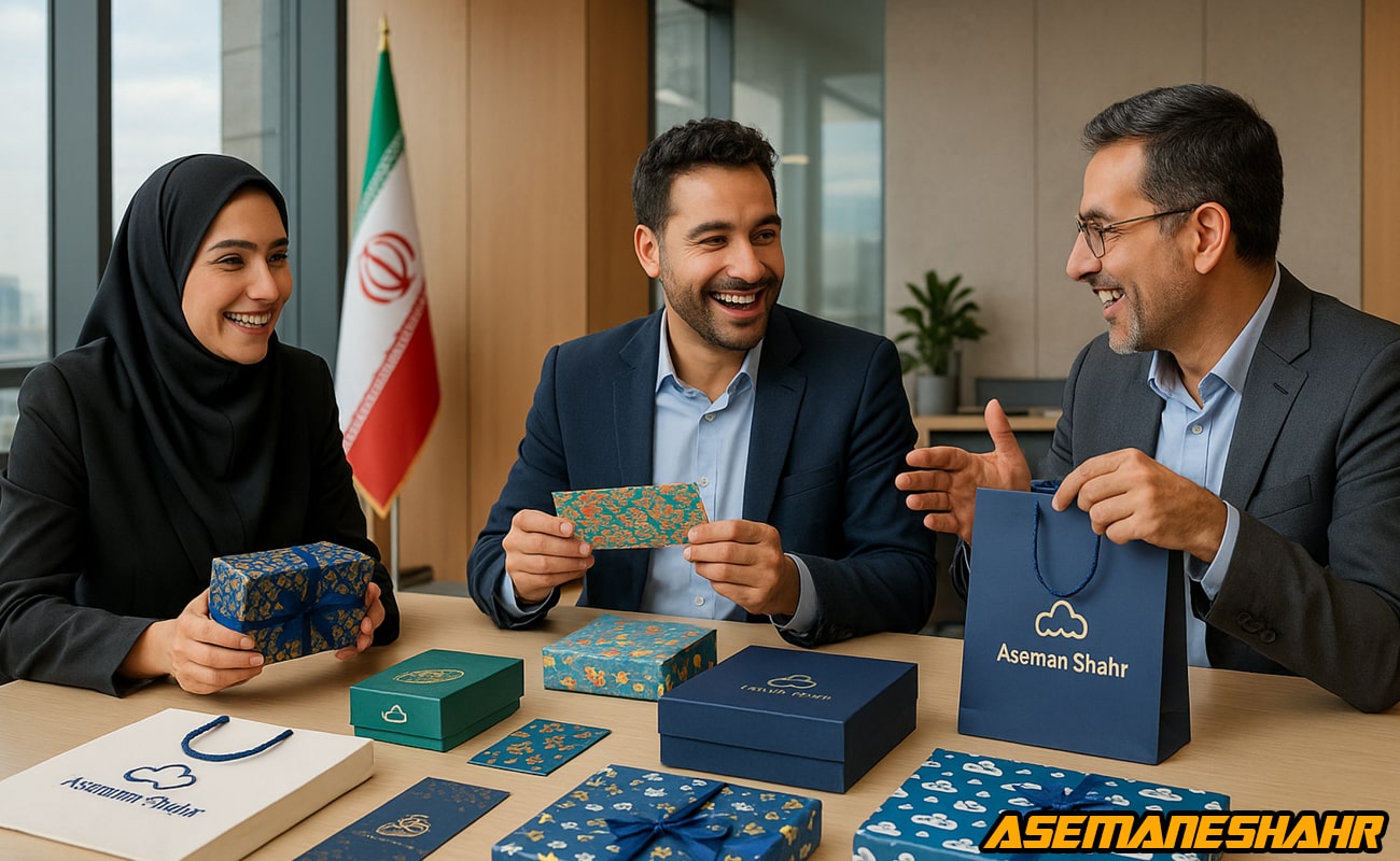 جلسه بررسی و انتخاب بسته بندیهای خاص و جعبه هدیه آسمان شهر با طرح های آبی و سبز سنتی ایرانی | مناسب هدایای سازمانی.