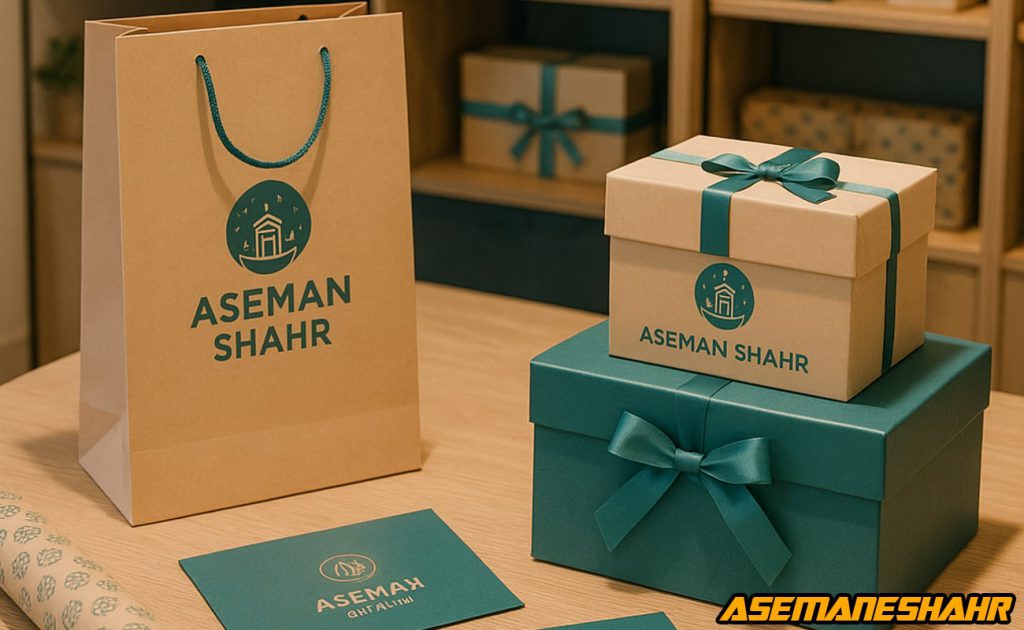 ساک دستی و جعبه کادویی آسمان شهر با بسته‌ بندی کرافت و روبان سبز فیروزه‌ ای.