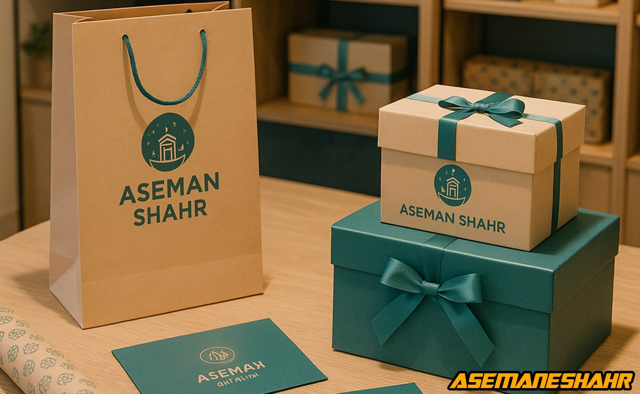 ساک دستی و جعبه کادویی آسمان شهر با بسته بندی کرافت و روبان سبز فیروزه ای.