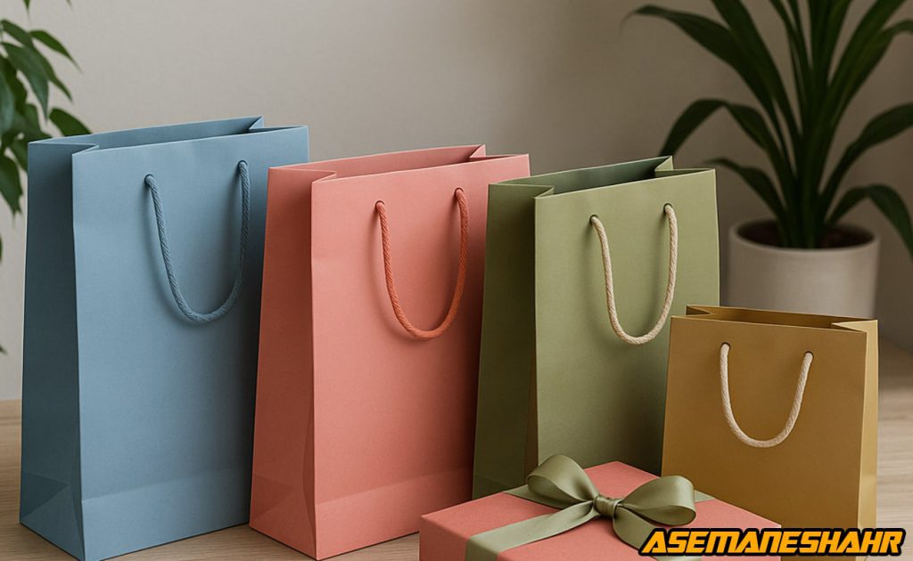 رنگ‌های ترند سال در بسته‌ بندی | بگ شاپ در رنگ‌های آبی مه‌ آلود، صورتی مرجانی، سبز زیتونی و طلایی مات به‌ همراه جعبه کادویی.