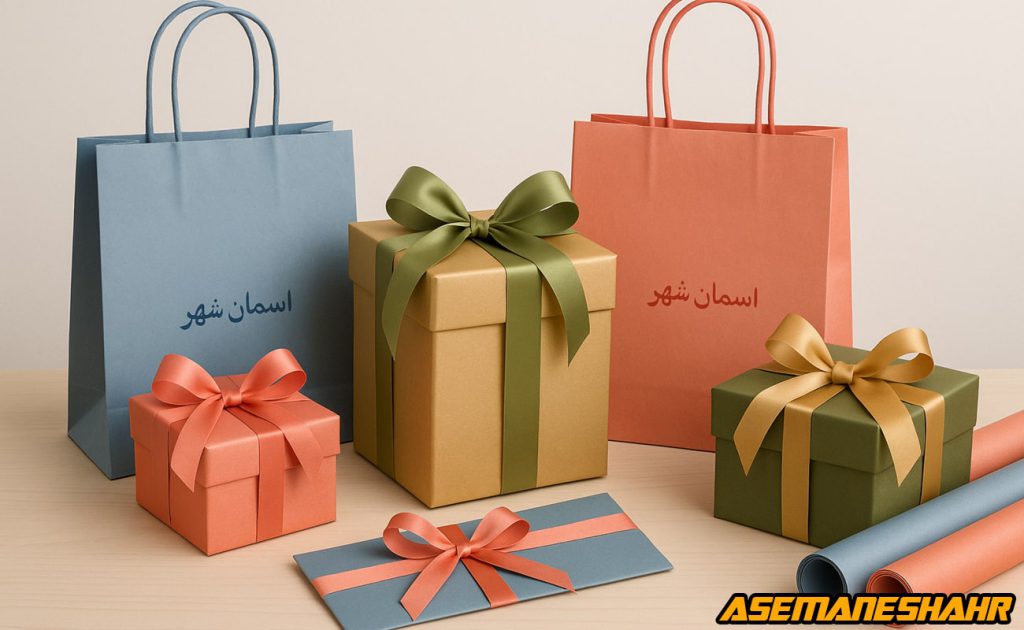 بسته‌ بندی خلاقانه هدیه با جعبه‌ های روبان‌ دار در رنگ‌های طلایی، سبز زیتونی و مرجانی و بگ شاپ شیک به همراه رول کاغذ کادو.