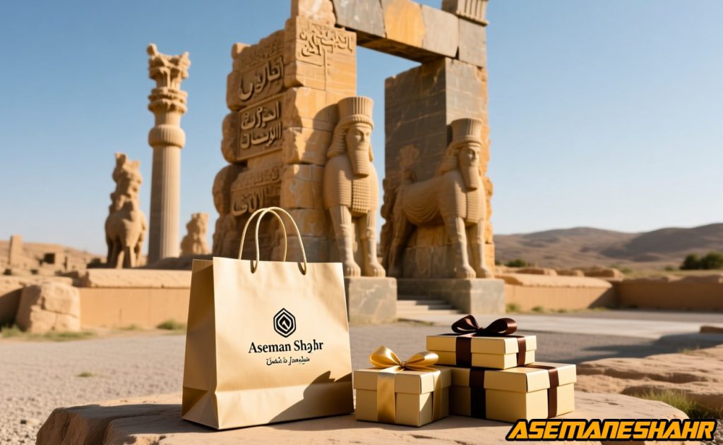 ساک دستی کاغذی آسمان‌ شهر و جعبه‌ های هدیه طلایی روبان‌ دار در مقابل دروازه ملل تخت‌ جمشید یادگار کوروش بزرگ ایران.