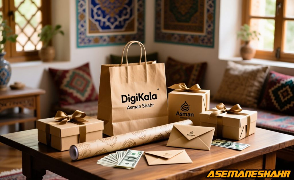 پاکت هدیه دیجی‌کالا آسمان شهر همراه جعبه کادویی، پاکت پول و کاغذ کادو در دکوراسیون سنتی ایرانی.